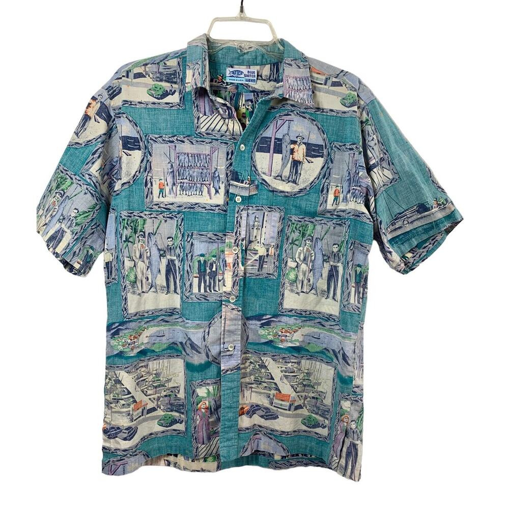 AFCO Blue Water Wear Mens Large Fishing Shirt‎ USA Reverse Print Short Sleeve